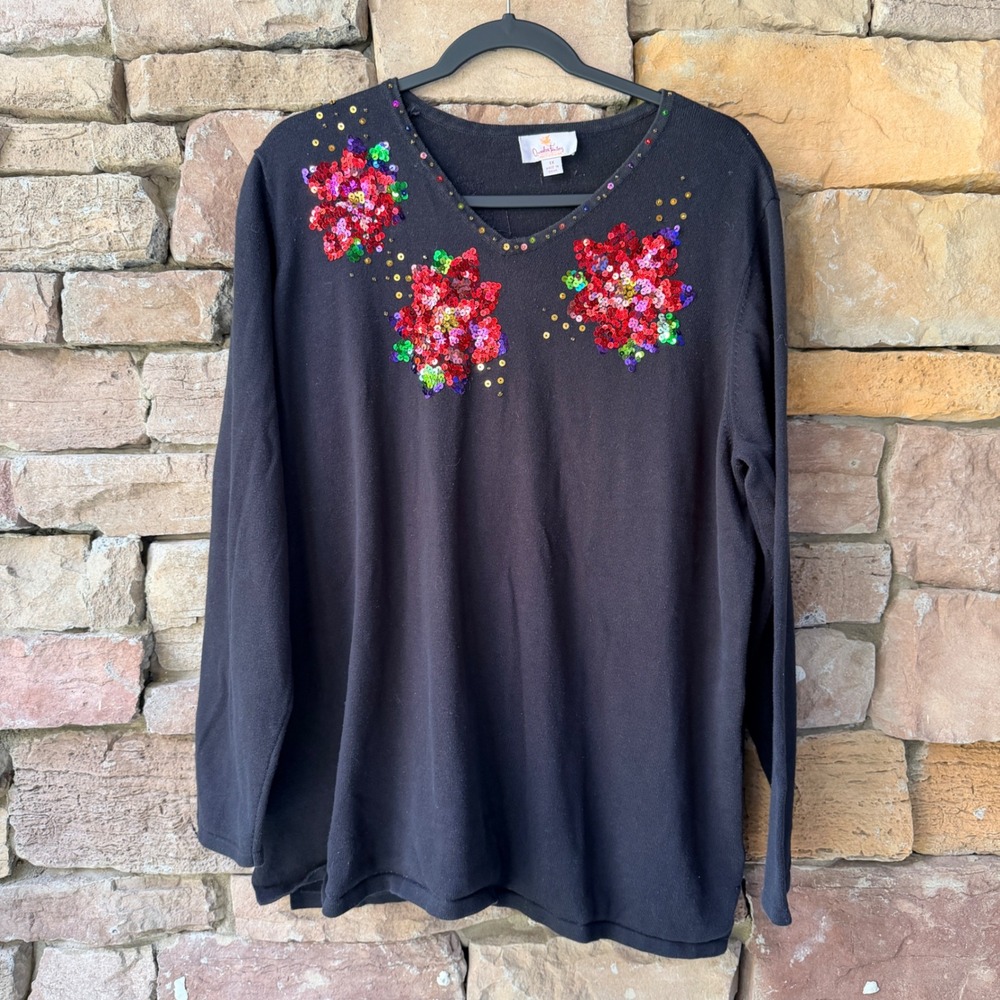 Quacker Factory Womens 1X Sweater Christmas Sequin Floral Long Sleeve Holiday